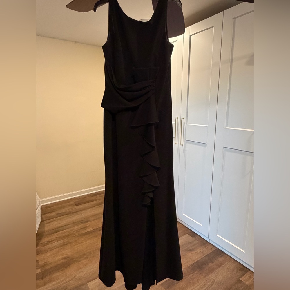 Betsy & Adam Black Sleeveless Gown with Cascading Ruffle